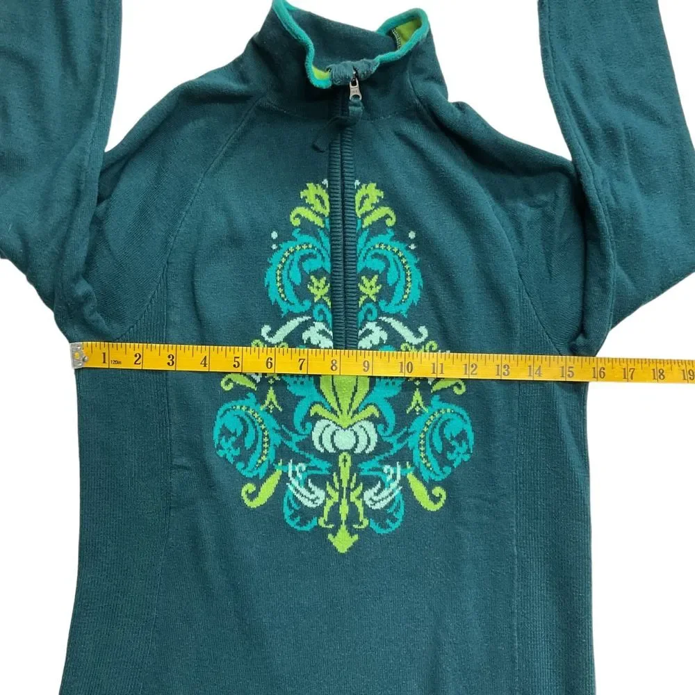 Athleta 1/4 Zip Floral‎ Knit Pullover Sweater Blue Green Thumbholes Size S Cozy